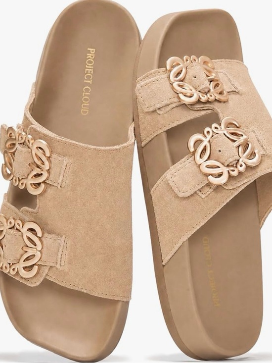 Project Cloud Shoes - 🔥 Women’s Double-Buckle Slide Sandals in Taupe with Decorative Gold Hardware
